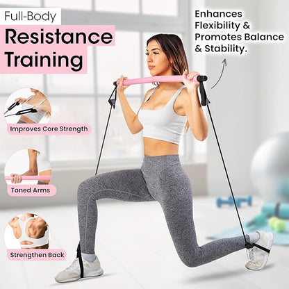Stretched Fusion Pilates Bar Kit with Resistance Band for Home Workouts | Multifunctional Home Pilates Kit Set for Women & Men | Workout Bar for Legs, Hip, Waist and Arm, Includes 3 Bonuses
