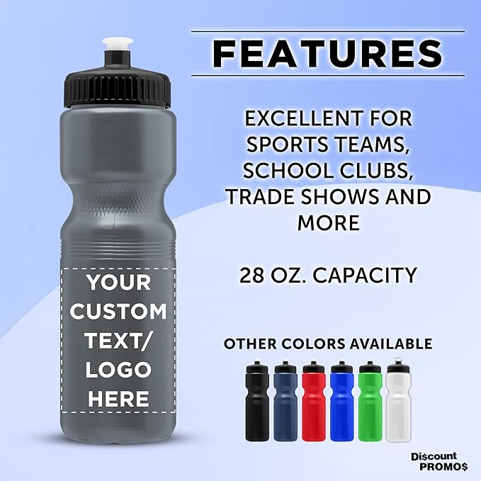 DISCOUNT PROMOS 28 oz. Custom Push Cap Plastic Water Bottles Set of 10/50/100, Personalized Bulk Pack - Perfect for Gym, Hiking, Camping, Outdoor Sports - Silver