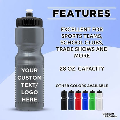 DISCOUNT PROMOS 28 oz. Custom Push Cap Plastic Water Bottles Set of 10/50/100, Personalized Bulk Pack - Perfect for Gym, Hiking, Camping, Outdoor Sports - Silver