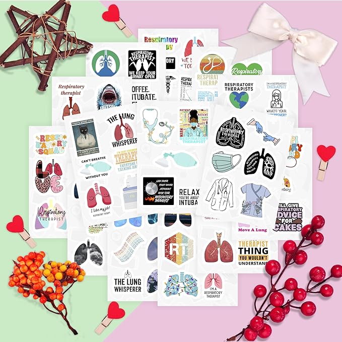 BulbaCraft 100Pcs Respiratory Therapist Stickers, RT Sticker for Water Bottle and Laptop - Respiratory Therapy Party Supplies & Decorations, Lung Waterproof Vinyl Medical Decals, Gifts for Women & Men