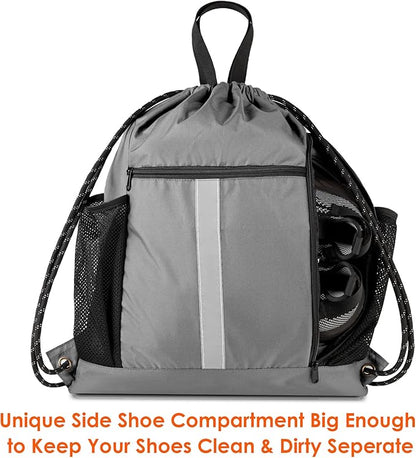 BeeGreen Grey Drawstring Bag Pack Gym Sackpack w Shoe Compartment Two Water Bottle Holder Portable String Sinch Sack for Gymnastic Athletic Beach Travel