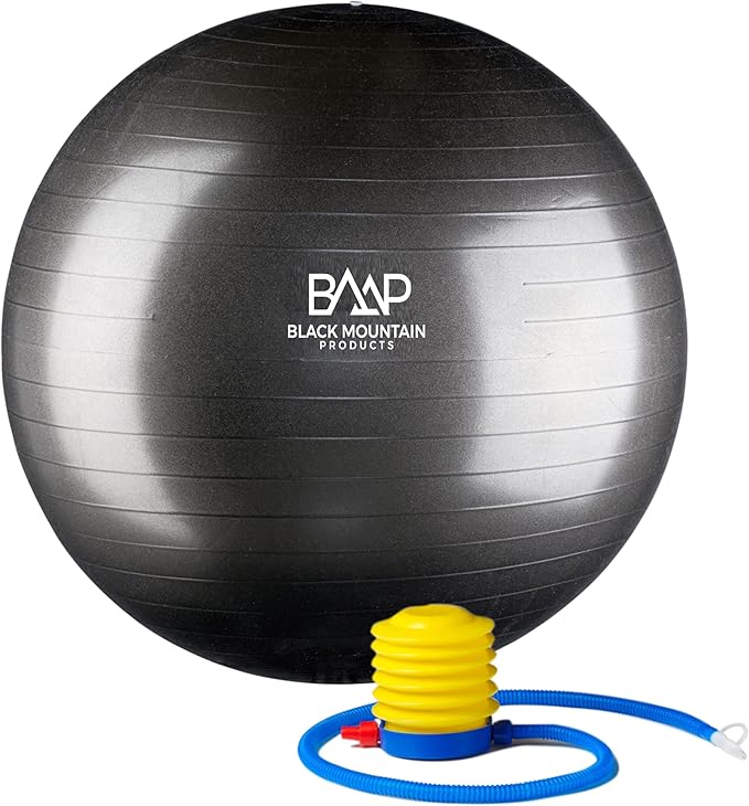 Black Mountain Products Professional Grade Exercise Stability Yoga Ball, Foot Pump, Ball Plug, Plug Puller, 2000 Pounds Static Weight Capacity Antiburst