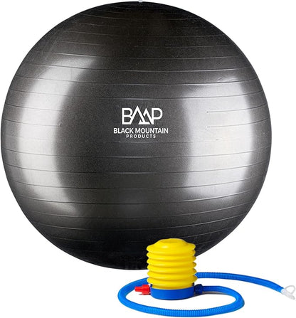 Black Mountain Products Professional Grade Exercise Stability Yoga Ball, Foot Pump, Ball Plug, Plug Puller, 2000 Pounds Static Weight Capacity Antiburst
