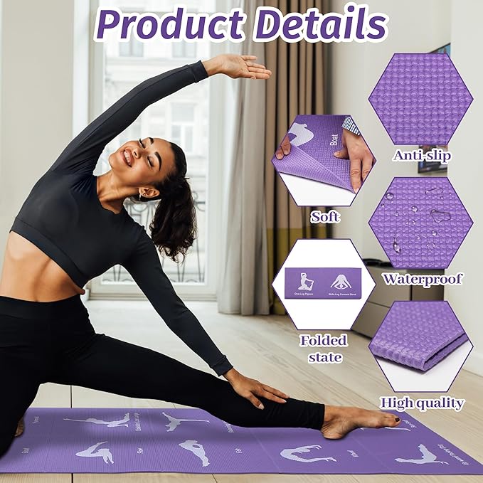 Pilates Kit Yoga Mat Thick Workout Mat For Women Extra Thick Foldable Yoga Matt With Printed Pose Chart For Beginner Pilates And Core Training At Home