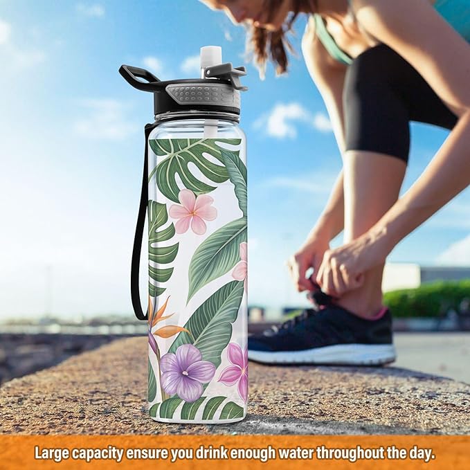 Burbuja Hawaiian Floral Palm Leaf 32 oz Water Bottle with Straw Lid, Leakproof & BPA Free Tritan Bottle for Gym Fitness Outdoor Sports