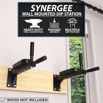 Synergee Wall Mounted Dip Station. Dip Bars for L Sits, Knee Raises, and More! Gymnastics and Upper Body Fitness Training. Max Capacity 400 LB.