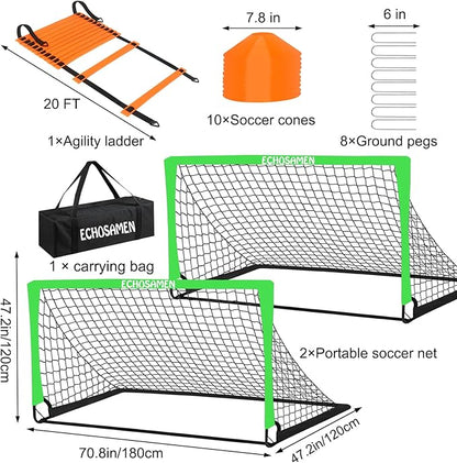 Kids Soccer Goals for Backyard, 2 of 6 x 4 ft Kids Soccer Goal Set Soccer Net with 10 Soccer Cones, Agility Ladder & Carry Bag, Portable Soccer Training Equipment.
