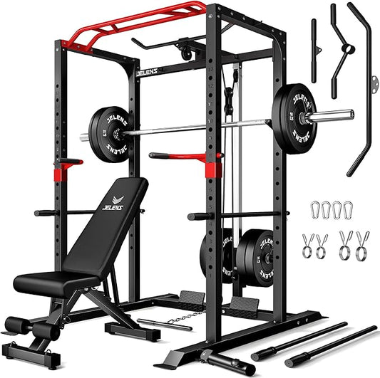 S11 Power Cage, 2000LB Multi-Function Power Rack with LAT Pulldown, Squat Rack with Adjustable Pulley System and Training Attachments, Weight Rack for Home Gym