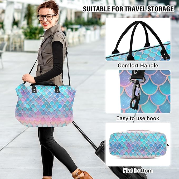 Weekender Bags Travel Duffel Gym Bag Carry on Overnight Tote Bag with Toiletry Bag for Airplane Travel Trip Gym Yoga (Fish Scales Mermaid)