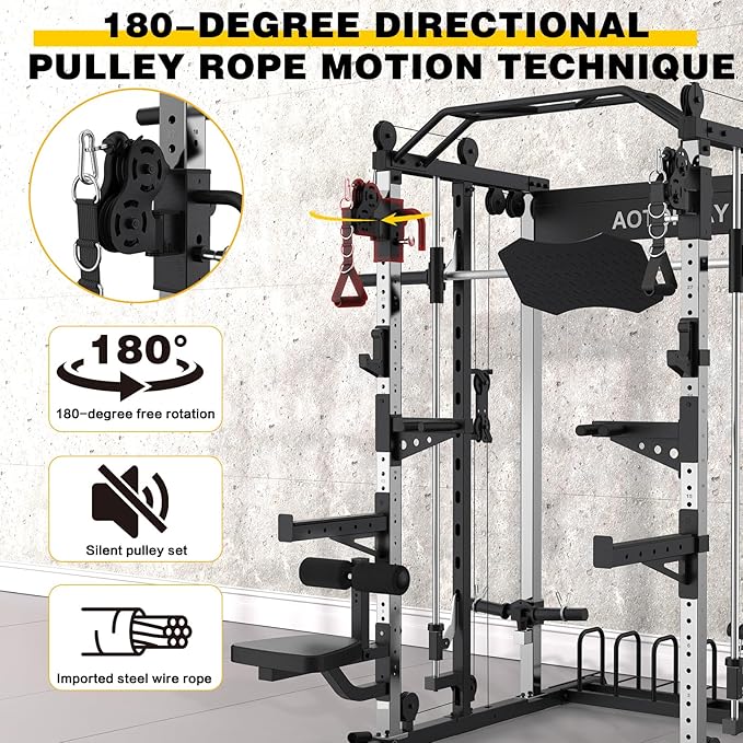 Smith Machine Strength Training Squat Rack with Smith Bar, Power Cage with LAT Pull-Down Systems, Cable Crossover Machine for Home Gym