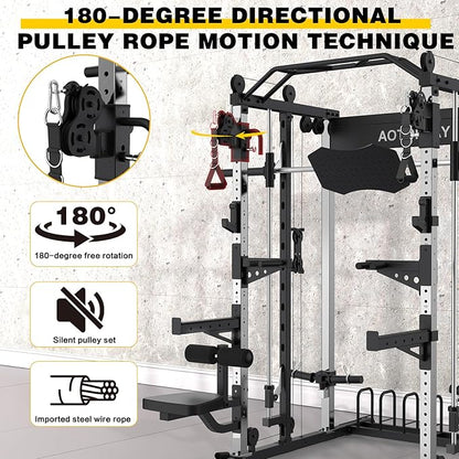 Smith Machine Strength Training Squat Rack with Smith Bar, Power Cage with LAT Pull-Down Systems, Cable Crossover Machine for Home Gym