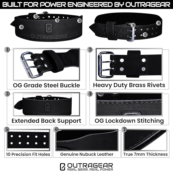 Real Leather Weight Lifting Belt - 7mm Gym Belt for Strength Training - Adjustable Buckle Weight Lifting Belts for Men & Women with Core Back Support