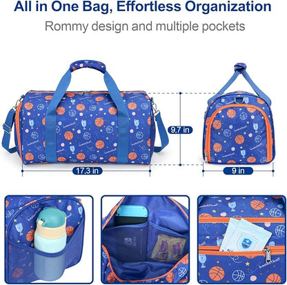 Bagseri Boys Duffle Bag for Travel - Kids Gym & Sports Bag with Shoe Compartment & Water Resistant Wet Pocket, Weekender for Camping & Sleepover (Blue Basketball)