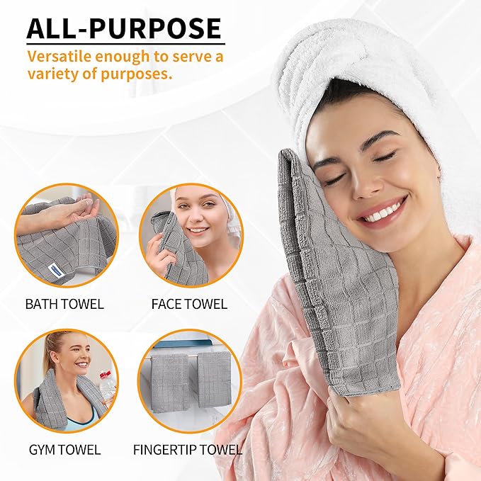 HOMERHYME Microfiber Hand Bath Towels, 6 Pack 25''*15'' Grey Bathroom Hand Towels, All-Purpose Quick Dry Lint Free Soft Absorbent Checkered Washcloth Fingertip Towels Bulk for Travel Gym Hotel