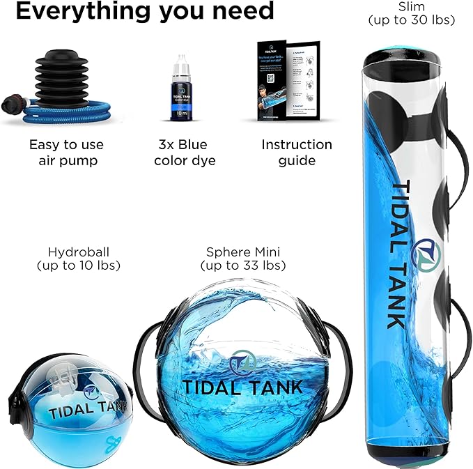 Tidal Tank Baseball Bundle Small: Versatile Training aid Equipment with Adjustable Water Filled Weight & Aqua Bag for Youth Athletes and Coaches - 30 lbs Tube + 33 lbs Sphere + 10 lbs Hydro Ball