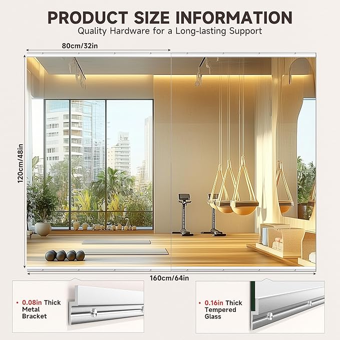 Home Gym Mirror, 48" x 32", 2PCS Large Full Body Mirror for Yoga, Silver Frameless Tempered Glass, Wall-Mounted Wall Mirrors for Home Gym, Workout, Garage, Bedroom, Bathroom, Dance Studio