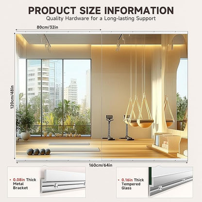 Home Gym Mirror, 48" x 32", 2PCS Large Full Body Mirror for Yoga, Silver Frameless Tempered Glass, Wall-Mounted Wall Mirrors for Home Gym, Workout, Garage, Bedroom, Bathroom, Dance Studio
