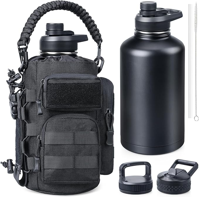 64 oz Insulated Water Bottle with Sleeve, Half Gallon Stainless Steel Tactical Water Jug Large Military Water Bottle with 3-IN-1 Pouch/3 Lids/Straw/Paracord Handle for Gym, Camping, Workout