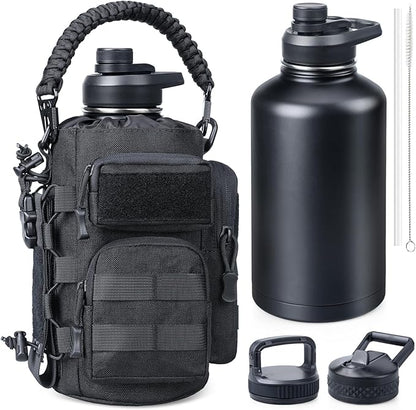 64 oz Insulated Water Bottle with Sleeve, Half Gallon Stainless Steel Tactical Water Jug Large Military Water Bottle with 3-IN-1 Pouch/3 Lids/Straw/Paracord Handle for Gym, Camping, Workout