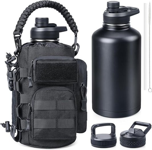 64 oz Insulated Water Bottle with Sleeve, Half Gallon Stainless Steel Tactical Water Jug Large Military Water Bottle with 3-IN-1 Pouch/3 Lids/Straw/Paracord Handle for Gym, Camping, Workout