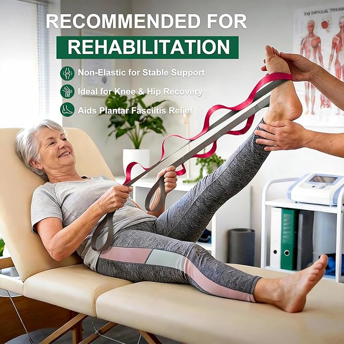 Stretching Strap with 10 Loops – Non-Elastic Yoga Strap for Physical Therapy, Knee Replacement Recovery & Plantar Fasciitis – Leg Stretcher Band for Flexibility & Hamstring Rehab
