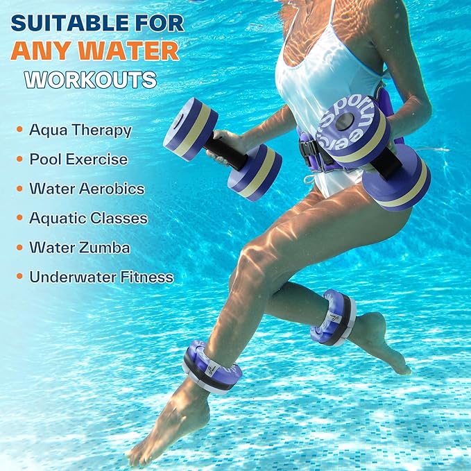 Sportneer Aquatic Exercise Equipment Water Aerobics Combo Set Includes High Density Water Weights Dumbbell Aqua Belt Water Ankle Weights for Pool Exercise Aquatic Therapy Pool Fitness Water Exercise