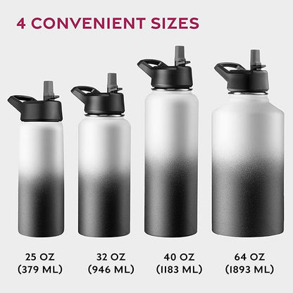 FineDine Triple Walled, Insulated Water Bottles with Straw - 32 Oz Stainless Steel Metal Bottle W/ 3 Leak Proof Lids - For Travel, School, Sports, Gym/Men, Women & Kids - Dreamy Black-White