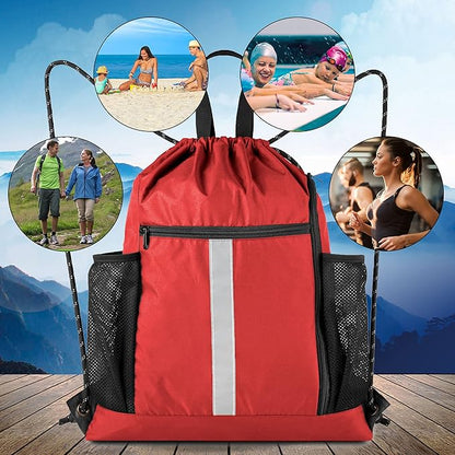 BeeGreen Red Drawstring Backpack Gymsack Bag with Shoe Compartment and Two Side Mesh Pockets Lightweight Durable Sports Cinch Sackpack 1 Pack for Women Men Workout Swim