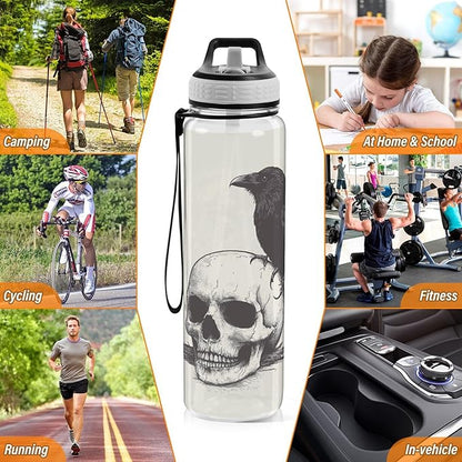 Fustylead Retro Skull and Black Crow 32 oz Water Bottle with Straw, Leakproof Clear Sport Bottles for Women Men Outdoor Sport Drinking