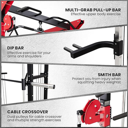 Power Cage SmithMachine - 3600 LBS Light Commercial Grade Squat Rack with Cable Crossover, All-in-One Power Rack with Weight Rack for Home Gym Equipment