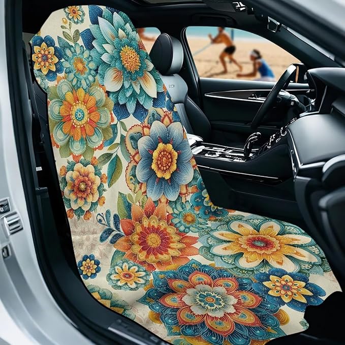Bulopur Mandala Floral Sweat Seat Covers for Cars Boho Auto Accessories for Women Girly Blue Athletic Running Towel Car Seat Cover After Gym Surfing Yoga Workout