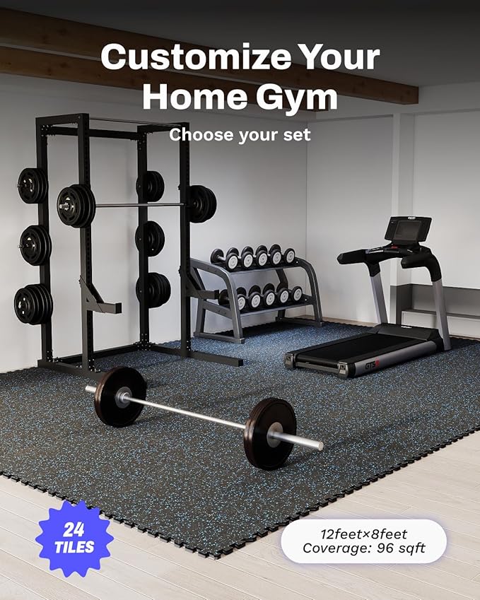 AIRHOP 0.56in Thick 96 Sq Ft Exercise Equipment Mats, 24Tiles Upgraded Rubber Top with High Density EVA Foam, Large Interlocking Puzzle Gym Flooring for Home Gym, Heavy Weight Workout, Black & Blue