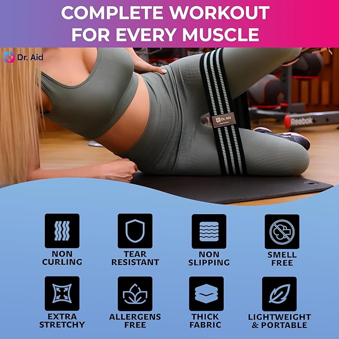 Dr. Aid Fabric Resistance Bands for Women & Men – 4 Booty Bands Set (2 Sizes, 2 Tension Levels) – Non-Slip, Non-Curl, Tear-Resistant, Extra Stretchy Workout Bands for Legs, Hips, Glutes & Butt