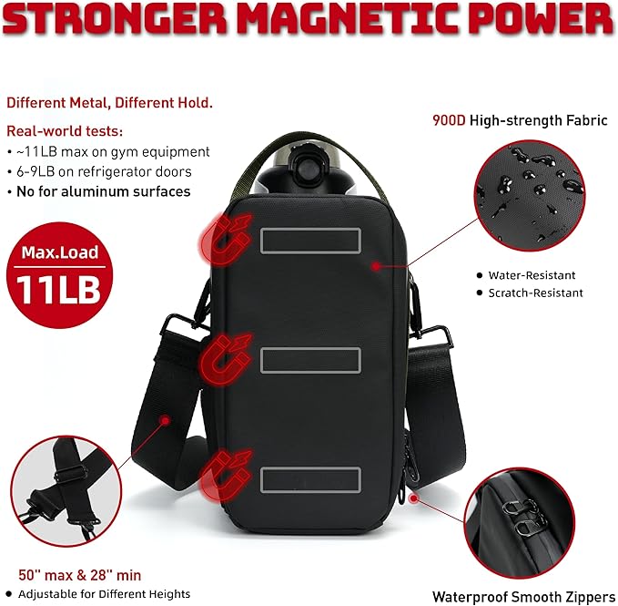 Magnetic Gym Bag - 11LB Ultra-Strong Force, Large 50oz Bottle Holder with Towel Loop, Magnetic Gym Water Bottle Bag For Gym Fitness, Workout, Outdoor