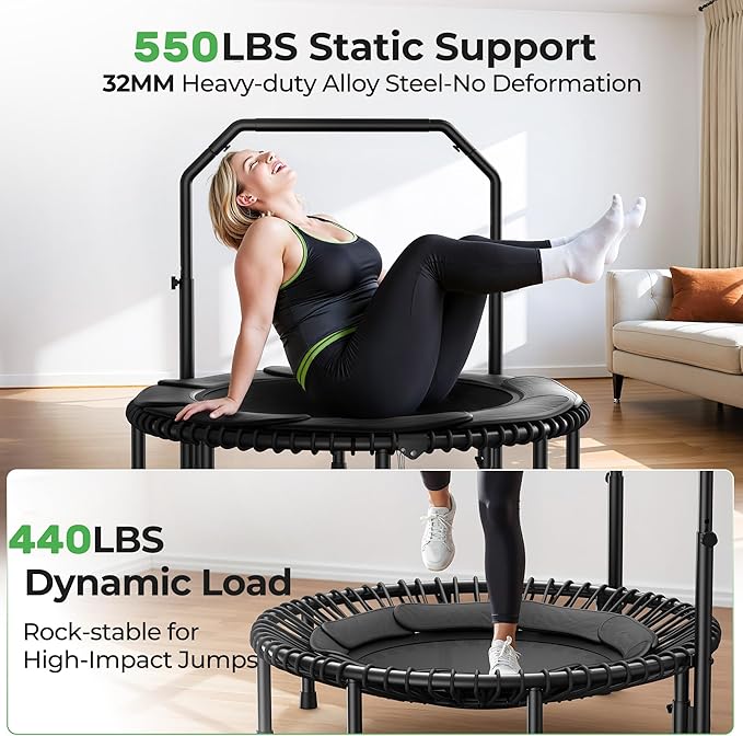 BCAN BT2 450/550LBS Mini Rebounder Trampoline for Adults with Bar, Fitness Trampoline with Bungees, Adjustable Handle, Stable & Quiet, Indoor Outdoor, Whole-Body Workout & Relaxation at Home-40IN/48IN