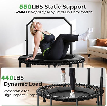 BCAN BT2 450/550LBS Mini Rebounder Trampoline for Adults with Bar, Fitness Trampoline with Bungees, Adjustable Handle, Stable & Quiet, Indoor Outdoor, Whole-Body Workout & Relaxation at Home-40IN/48IN