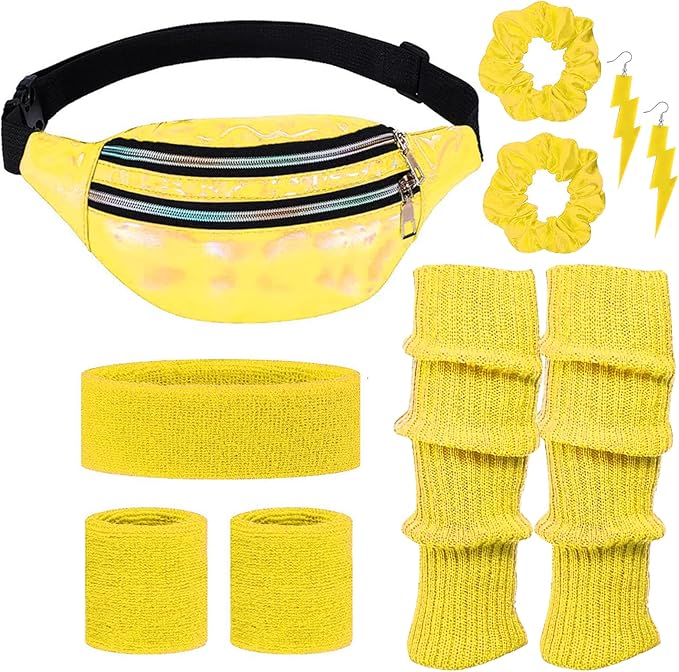 80s Neon Workout Costume Accessories Set 10 PCS Leg Warmers for Women 80s Headband Wristband Fanny Pack for Yoga Running