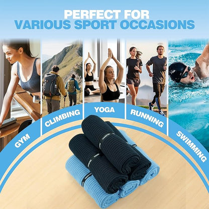 Microfiber Gym Towels with Snap Straps, Yoga Towel for Home and Gym, 16 Inch x 28 Inch, 6 Pack (Black/Blue, 16" x 28")