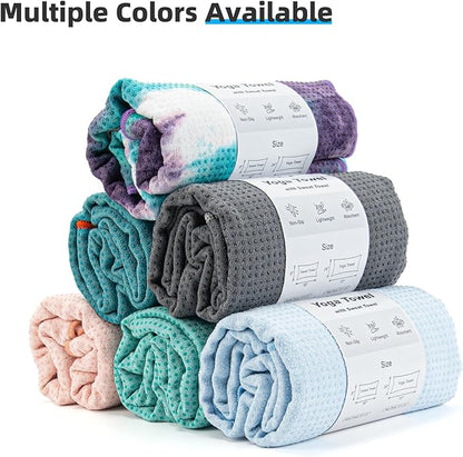 YESLIFE Non-Slip Extra Thick Hot Yoga Towel with One Sweat Towel, Microfiber Sweat Absorbent Yoga Mat Towel with Grip Dot, Pilates Mat, 72" x 24", Green&Purple