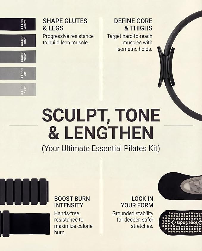 Pilates Equipment Kit for Home Workout, Pilates Kit, Pilates Ring Set, Pilates Ball, Adjustable Ankle And Wrist Weights, Resistance Bands, Grip Socks, Instruction Guides, Essential Starter Set, Black