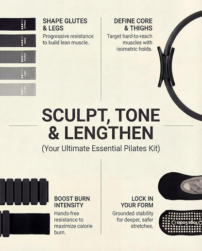 Pilates Equipment Kit for Home Workout, Pilates Kit, Pilates Ring Set, Pilates Ball, Adjustable Ankle And Wrist Weights, Resistance Bands, Grip Socks, Instruction Guides, Essential Starter Set, Black