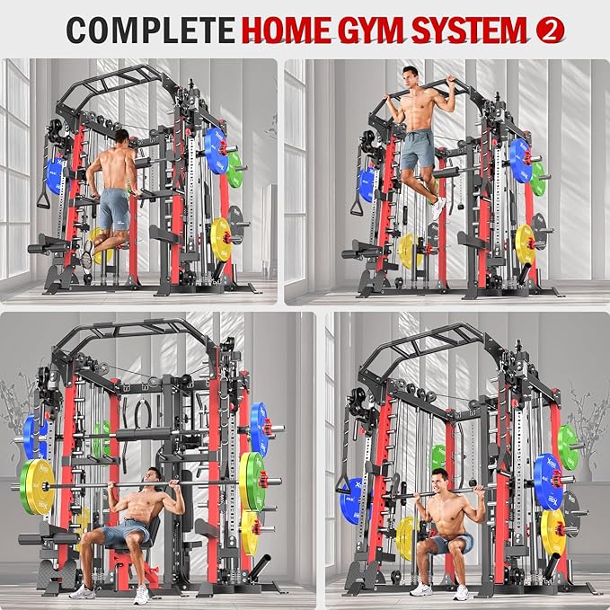 Smith Machine with Cable Crossover System, Multi-Function Squat Rack Power Cage for Home Gym, Power Rack and Packages Weight Sets