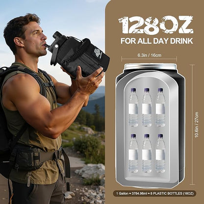 NATURE PIONEOR 1 Gallon Tactical Water Bottle Set, Stainless Steel 128 oz Sport Water Bottle with Tactical MOLLE Bottle Carrier Sleeve, for Outdoor Work, Gym, Hiking, Camping
