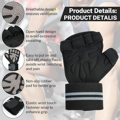Workout Gloves with Wrist Wraps for Men & Women – Ventilated Weight Lifting Gloves for Anti-Sweat Gym Fitness, Cross Training & Hand Support