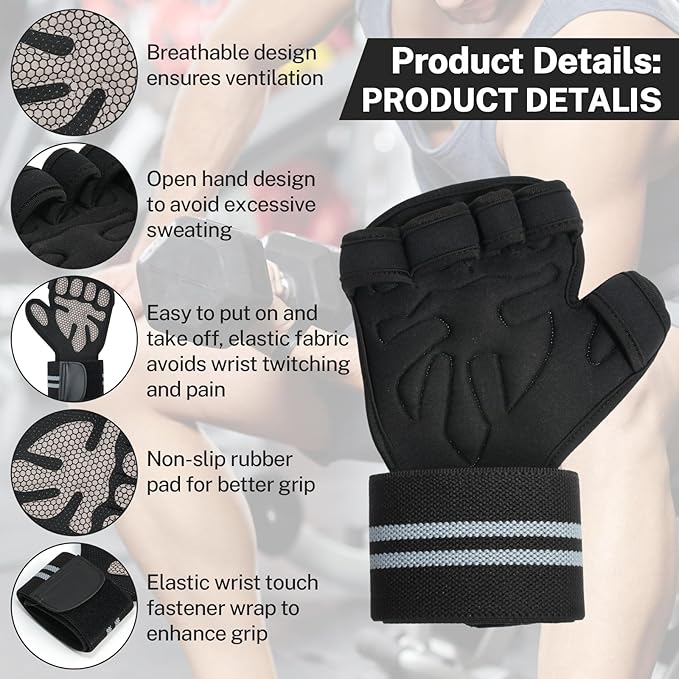 Workout Gloves with Wrist Wraps for Men & Women – Ventilated Weight Lifting Gloves for Anti-Sweat Gym Fitness, Cross Training & Hand Support