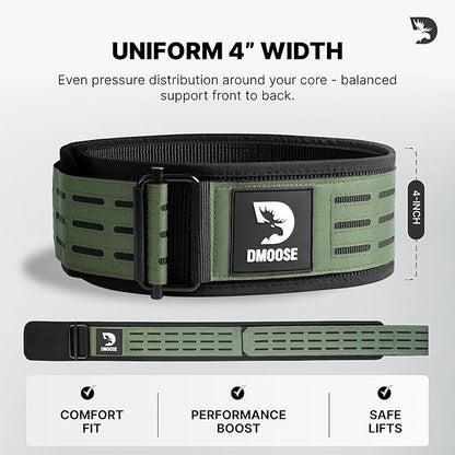 DMoose Weight Lifting Belt - Auto Locking Gym Belt for Olympic Training, WOD, Cross Training for Men and Women - 4" Nylon Workout belt with Adjustable Buckle - Provides Lumbar Support and Stability