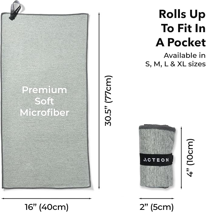 Acteon New Microfiber Quick Dry Gym Towel, Silver ION Odor-Free Mega Absorbent Fiber, Fast Drying, Men & Women Small Workout Gear for Body Sweat, Beach, Working Out, Camping, Travel Towel