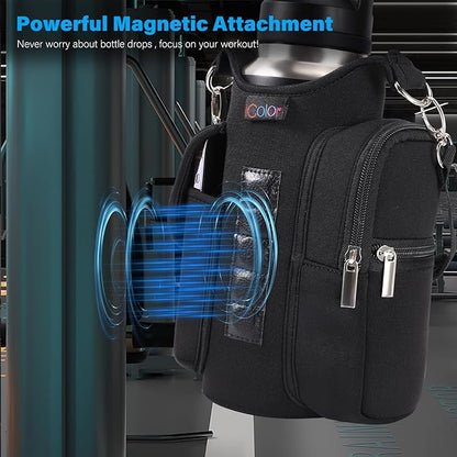 icolor Magnetic Gym Bag Water Bottle Carrier Holder with Phone Pockets & Shoulder Strap,Gym Magnetic Bag 5 Built-in Magnets Gym Accessories Organizer Sling Bottle Bag Pouch Sleeve