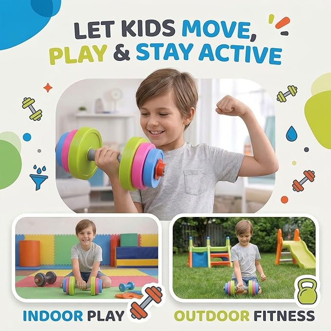 Kids Workout Dumbbell Weights Set - Toddler Toy Gym Equipment for Pretend Play Lifting, Exercise & Fitness - Adjustable Fill with Sand or Water