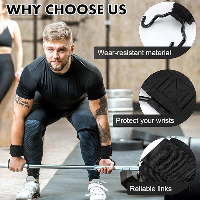 2 Pcs Weight Lifting Hooks Widened Design Heavy Duty Wrist Lifting Straps 5 Inch Hooks for Men Women Adjustable Gym Straps Hook for Pull-ups Deadlifts Strength Training and Fitness Workouts